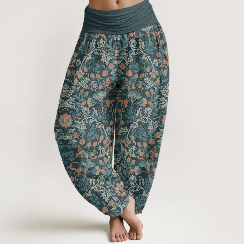 Casual Flower Vine Leaves Pattern Women's Elastic Waist Harem Pants