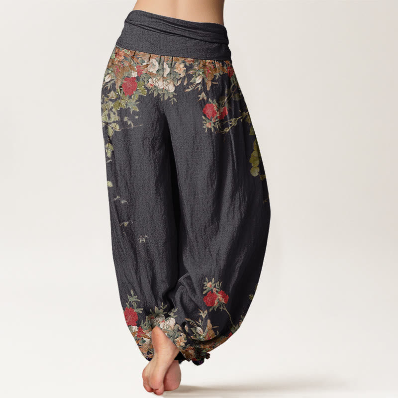 Casual Red Peony Flower Vine Design Women's Elastic Waist Harem Pants - Image 3