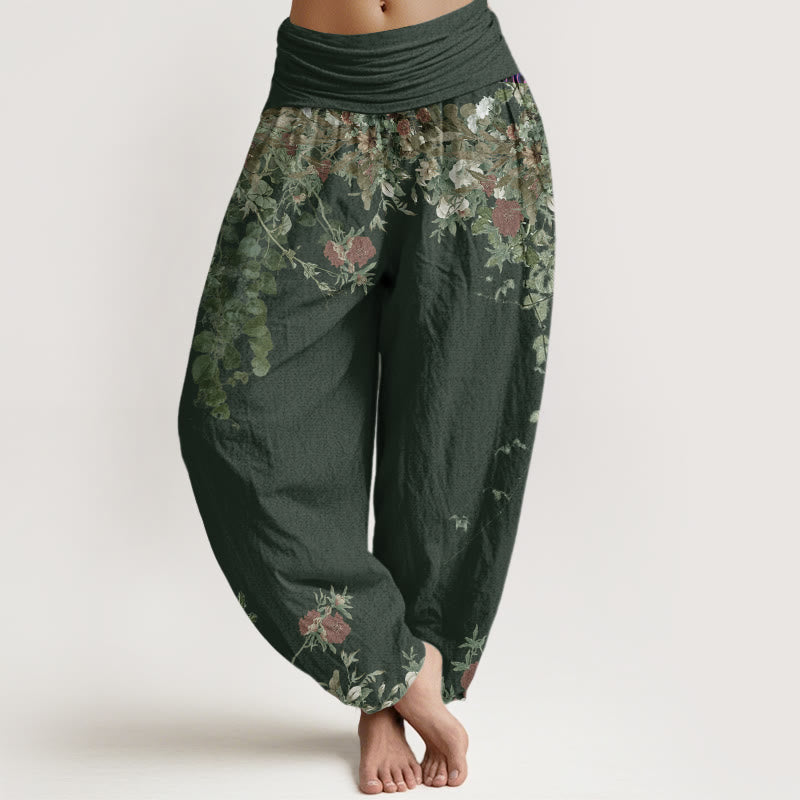 Casual Red Peony Flower Vine Design Women's Elastic Waist Harem Pants - Image 5