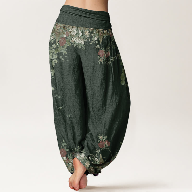 Casual Red Peony Flower Vine Design Women's Elastic Waist Harem Pants - Image 7