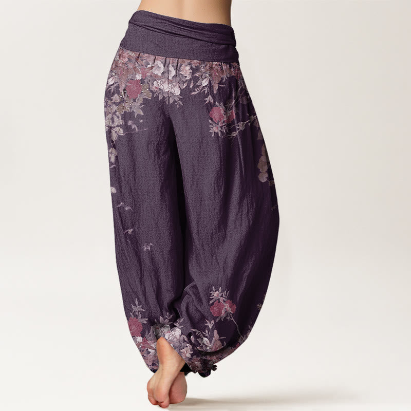 Casual Red Peony Flower Vine Design Women's Elastic Waist Harem Pants - Image 10