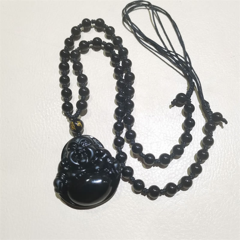 Natural Black Obsidian Ice Obsidian Laughing Buddha Purification Necklace Pendant - Image 13