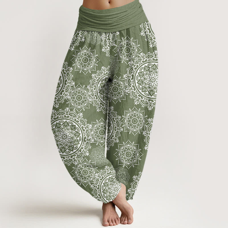 Casual White Mandala Flower Design Women's Elastic Waist Harem Pants
