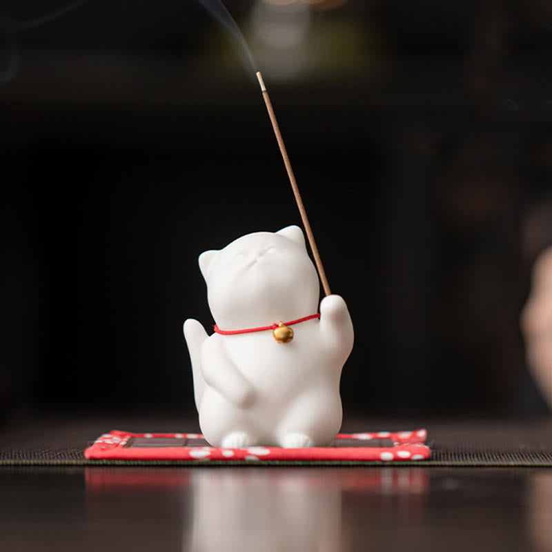 Cat Bell Bamboo Mat Healing Ceramic Incense Burner Desk Decoration