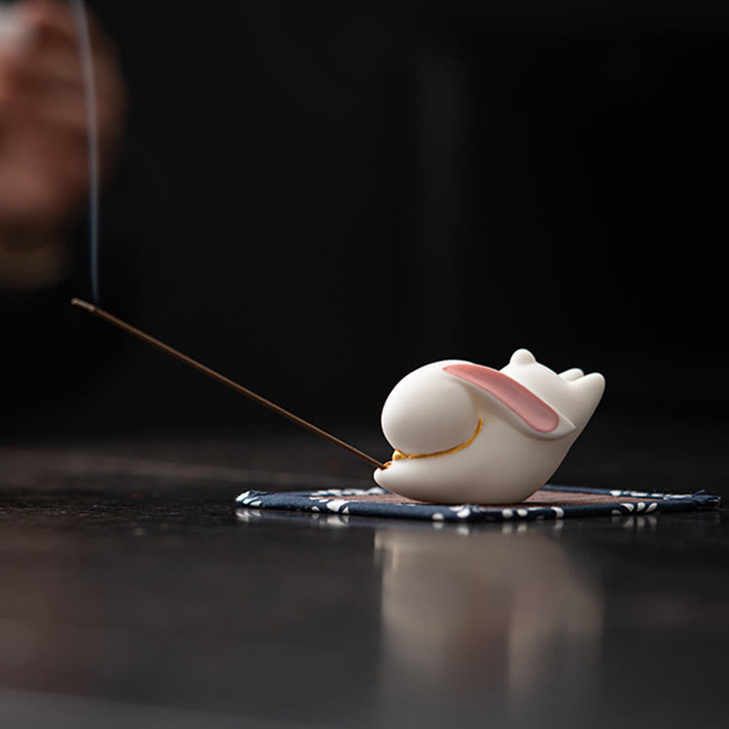 Flying Rabbit Bamboo Mat Healing Ceramic Incense Burner Desk Decoration