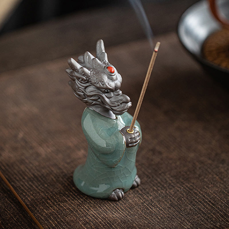 Praying Dragon King Lotus Base Fu Character Ceramic Healing Incense Burner Desk Decoration - Image 12