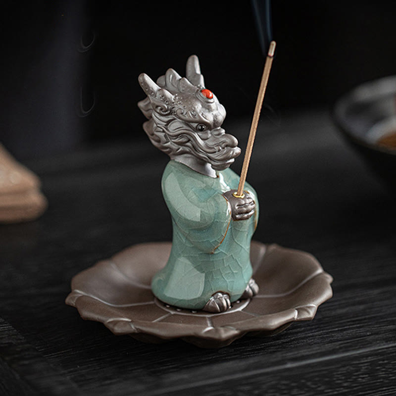 Praying Dragon King Lotus Base Fu Character Ceramic Healing Incense Burner Desk Decoration - Image 5