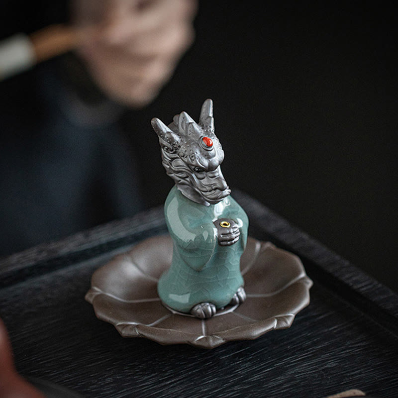Praying Dragon King Lotus Base Fu Character Ceramic Healing Incense Burner Desk Decoration - Image 3