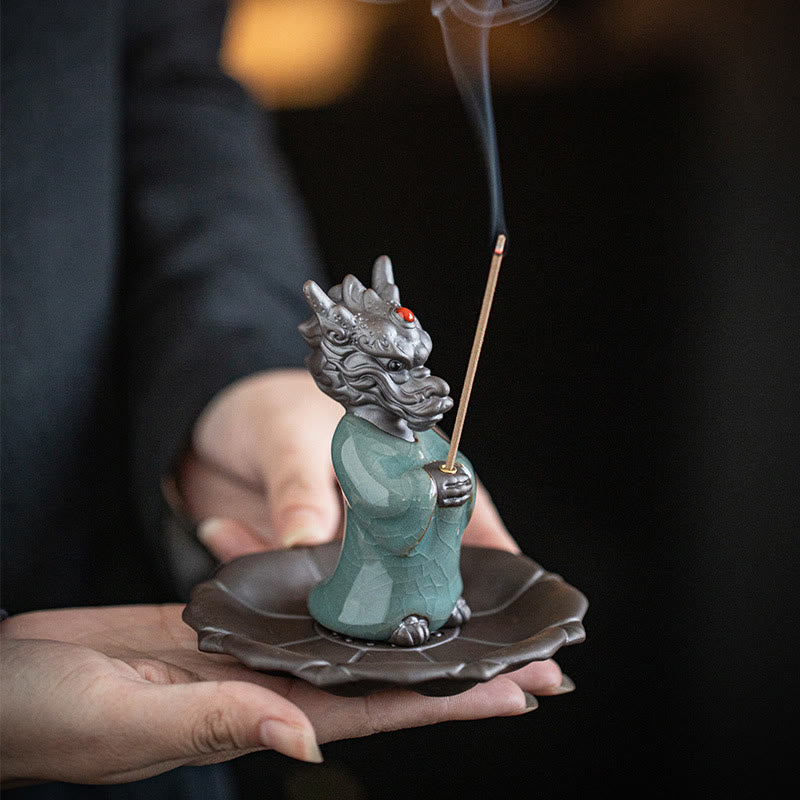 Praying Dragon King Lotus Base Fu Character Ceramic Healing Incense Burner Desk Decoration - Image 9
