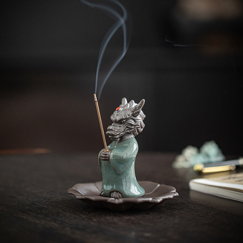 Praying Dragon King Lotus Base Fu Character Ceramic Healing Incense Burner Desk Decoration