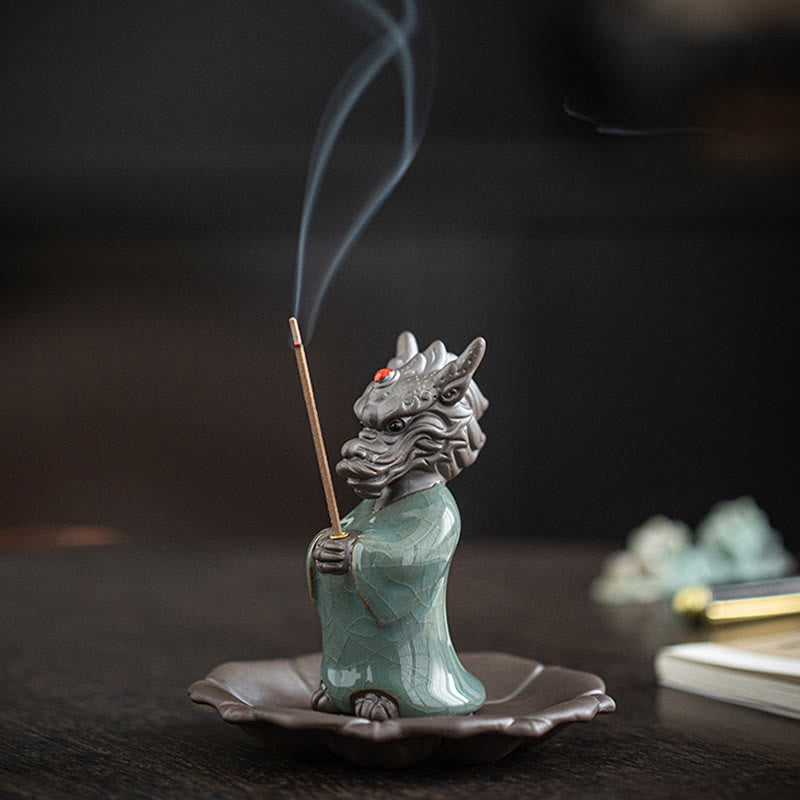 Praying Dragon King Lotus Base Fu Character Ceramic Healing Incense Burner Desk Decoration - Image 6