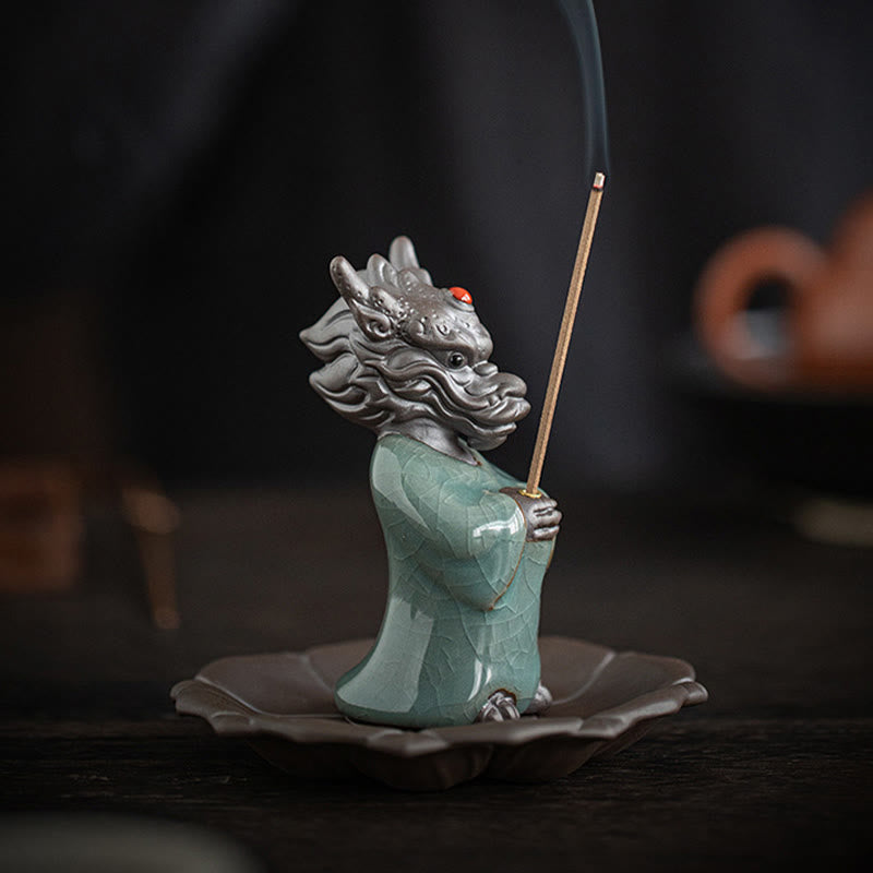 Praying Dragon King Lotus Base Fu Character Ceramic Healing Incense Burner Desk Decoration - Image 4