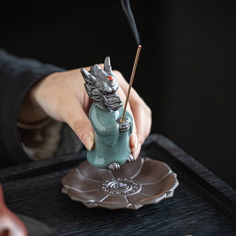 Praying Dragon King Lotus Base Fu Character Ceramic Healing Incense Burner Desk Decoration - Image 8