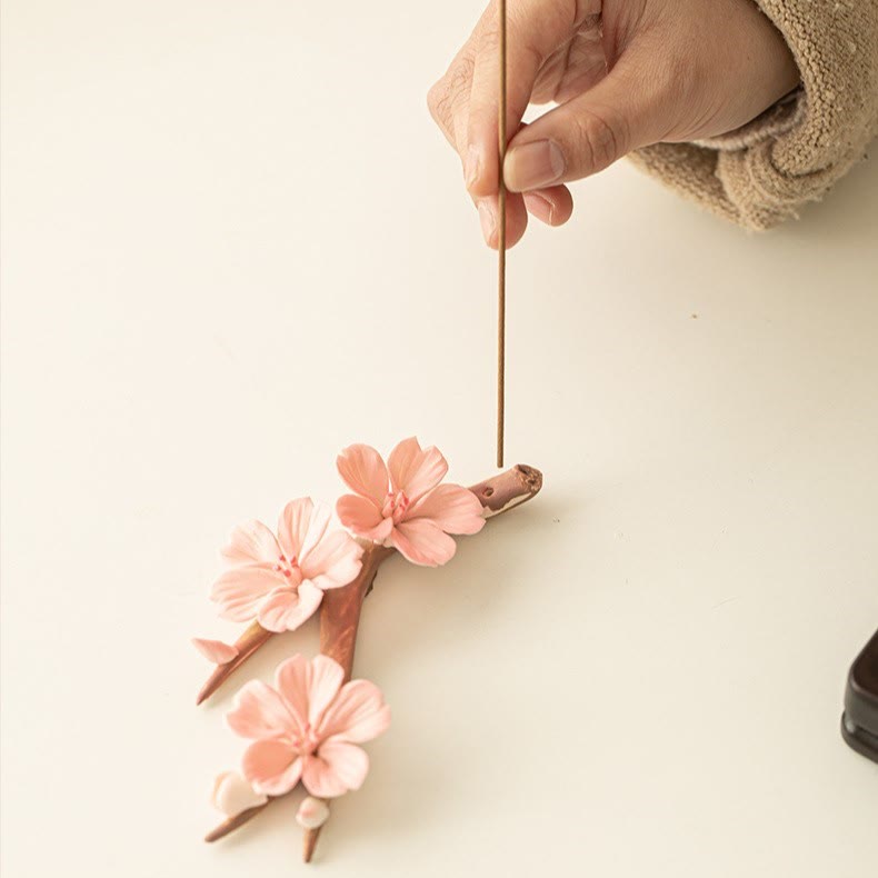 Blooming Plum Blossom Branches Ceramic Healing Incense Burner Desk Decoration