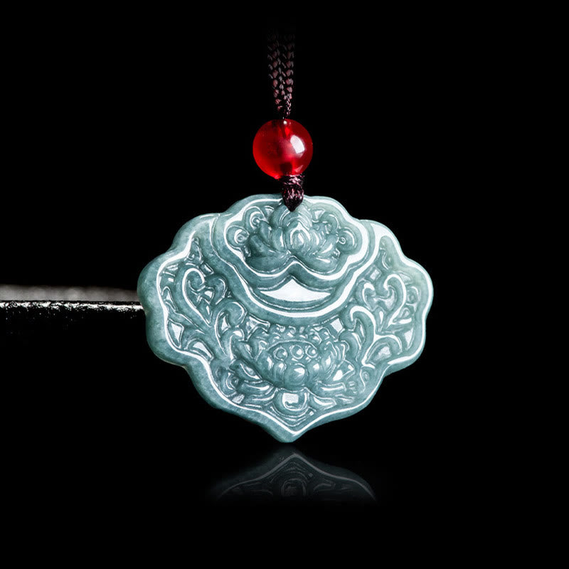 Lotus Pattern Carved Jade Abundance Prosperity Necklace Rope Pendant - Image 3