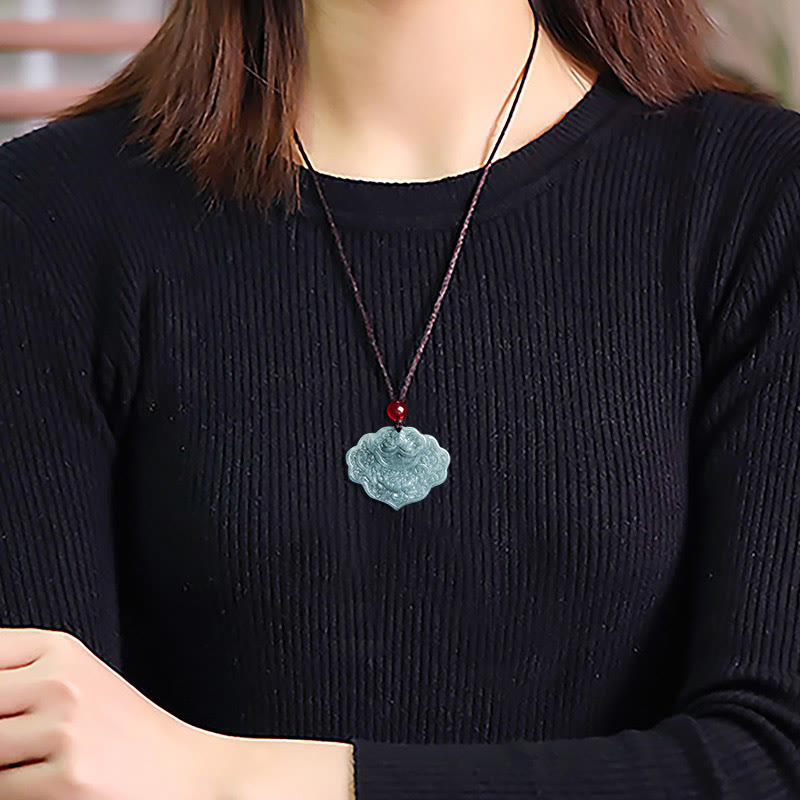 Lotus Pattern Carved Jade Abundance Prosperity Necklace Rope Pendant - Image 9