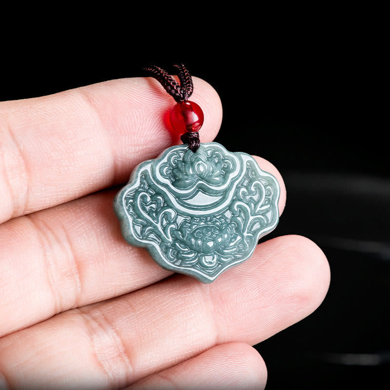 Lotus Pattern Carved Jade Abundance Prosperity Necklace Rope Pendant - Image 4