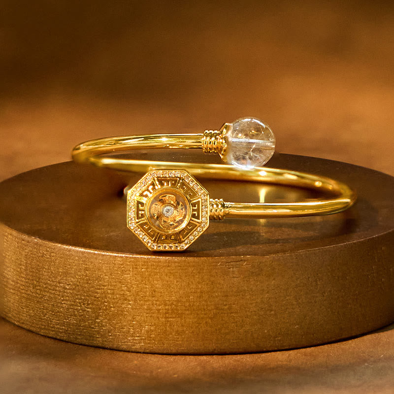 Rutilated Quartz Copper Brass Rotatable Windmill Feng Sheng Shui Qi Courage Bracelet Bangle