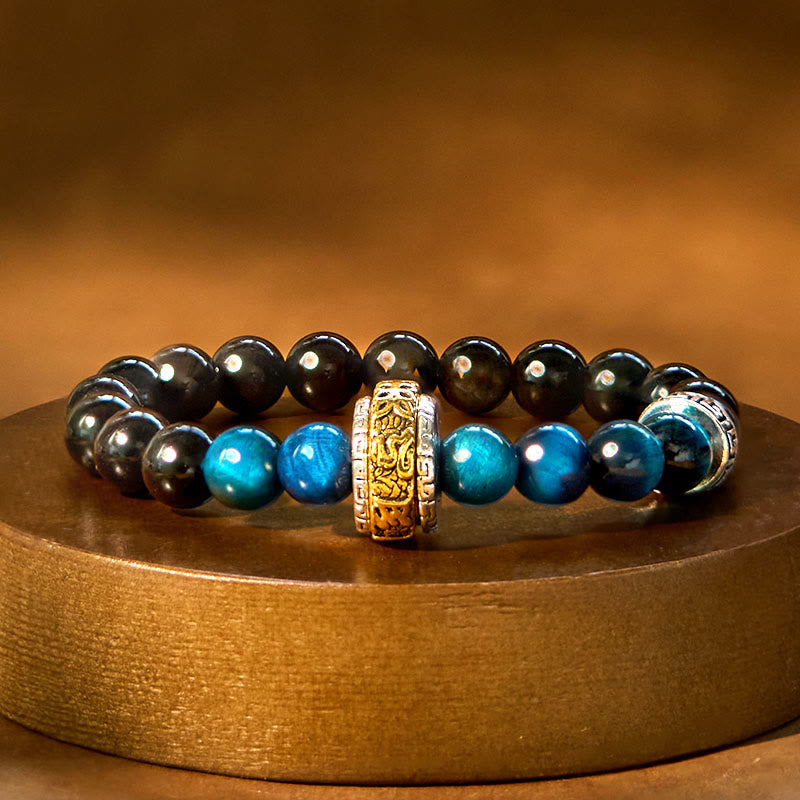 Silver Sheen Obsidian Blue Tiger Eye Om Mani Padme Hum Protection Bracelet