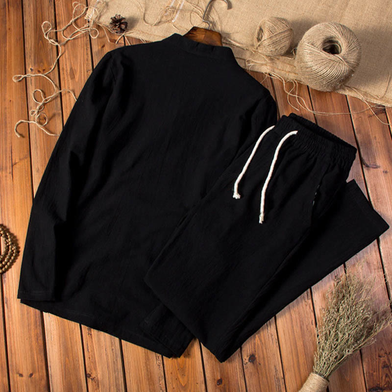 Pure Color Cotton Linen Long Sleeve Top Pants Clothing Men's Set - Image 11