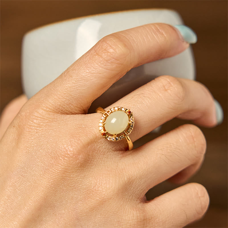 Natural Hetian Jade Zirconia Egg Copper Open Luck Ring - Image 4