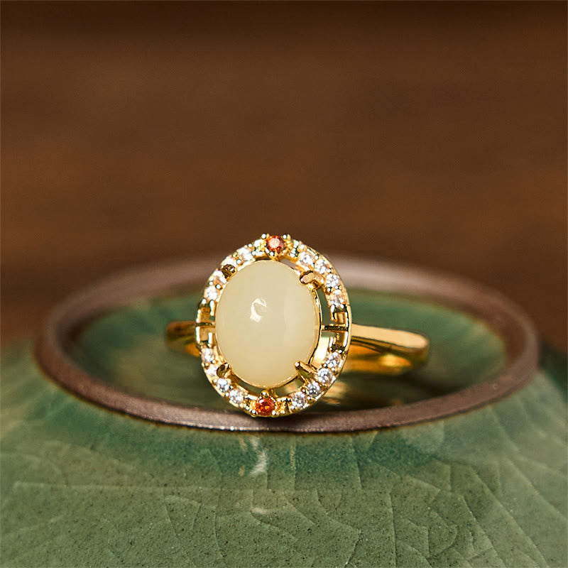 Natural Hetian Jade Zirconia Egg Copper Open Luck Ring