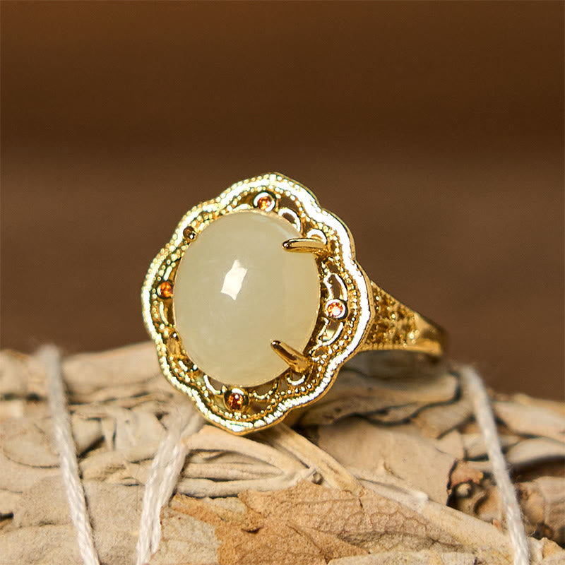 Natural Hetian Jade Vintage Egg Copper Open Luck Ring