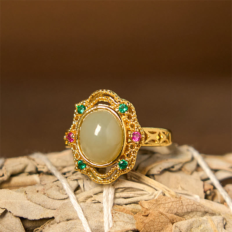 Natural Hetian Jade Egg Hollow Pattern Copper Open Luck Ring