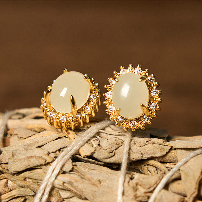 Natural Hetian Jade Egg Copper Prosperity Earrings