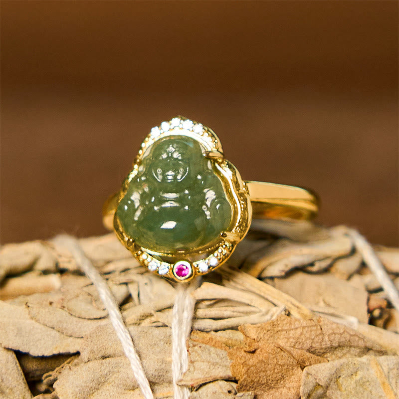 Natural Hetian Jade Egg Gourd Copper Laughing Buddha Open Luck Ring