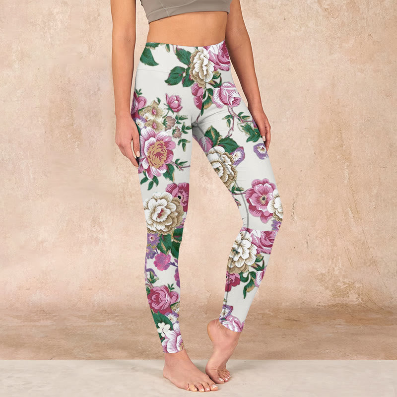 Red White Peony Flower Print Sports Leggings Women's Yoga Pants