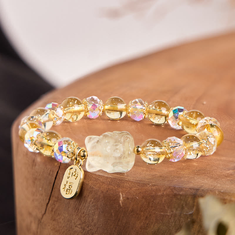 Natural Citrine White Crystal Nine Tailed Fox Attracting Wealth Charm Energy Bracelet