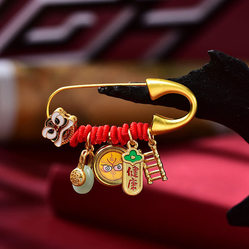 Tibetan Dancing Lion Jade Peace Buckle Fu Character Safe And Well Copper Luck Brooch - Image 3