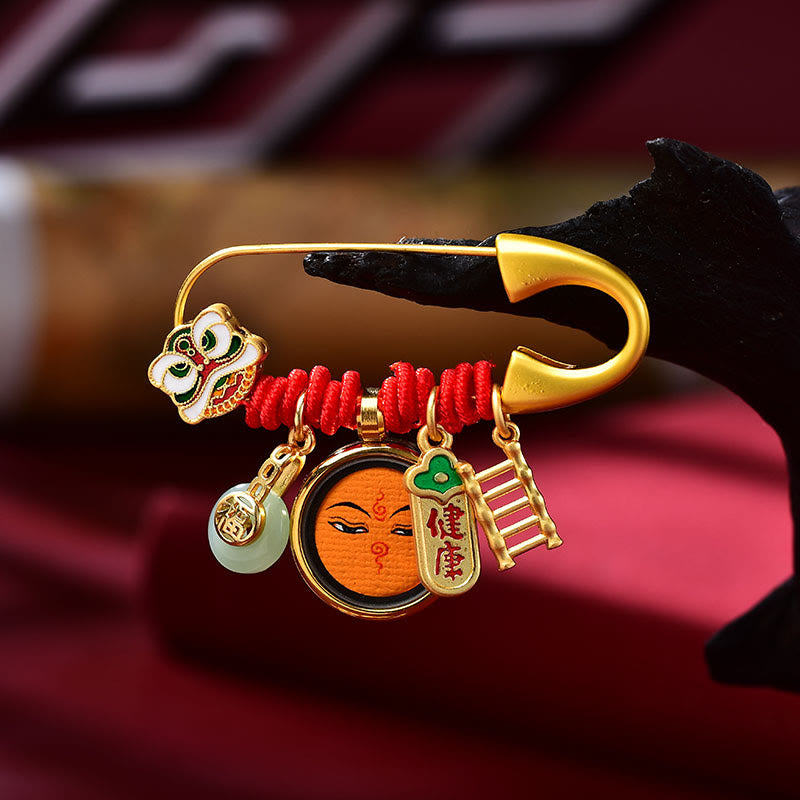 Tibetan Dancing Lion Jade Peace Buckle Fu Character Safe And Well Copper Luck Brooch - Image 4