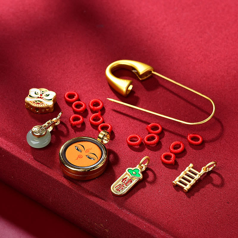 Tibetan Dancing Lion Jade Peace Buckle Fu Character Safe And Well Copper Luck Brooch - Image 5