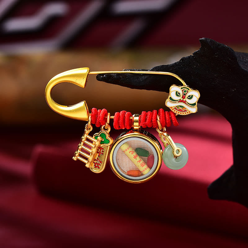 Tibetan Dancing Lion Jade Peace Buckle Fu Character Safe And Well Copper Luck Brooch - Image 6