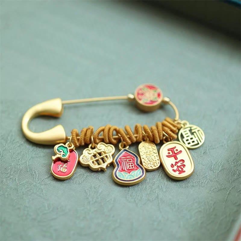 Fu Character Butterfly Safe And Well Brass Fortune Brooch