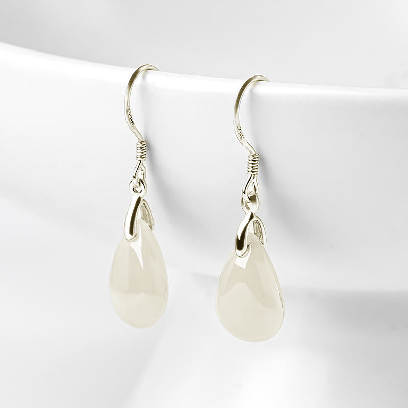 925 Sterling Silver Jade Water Drop Pattern Luck Prosperity Dangle Earrings