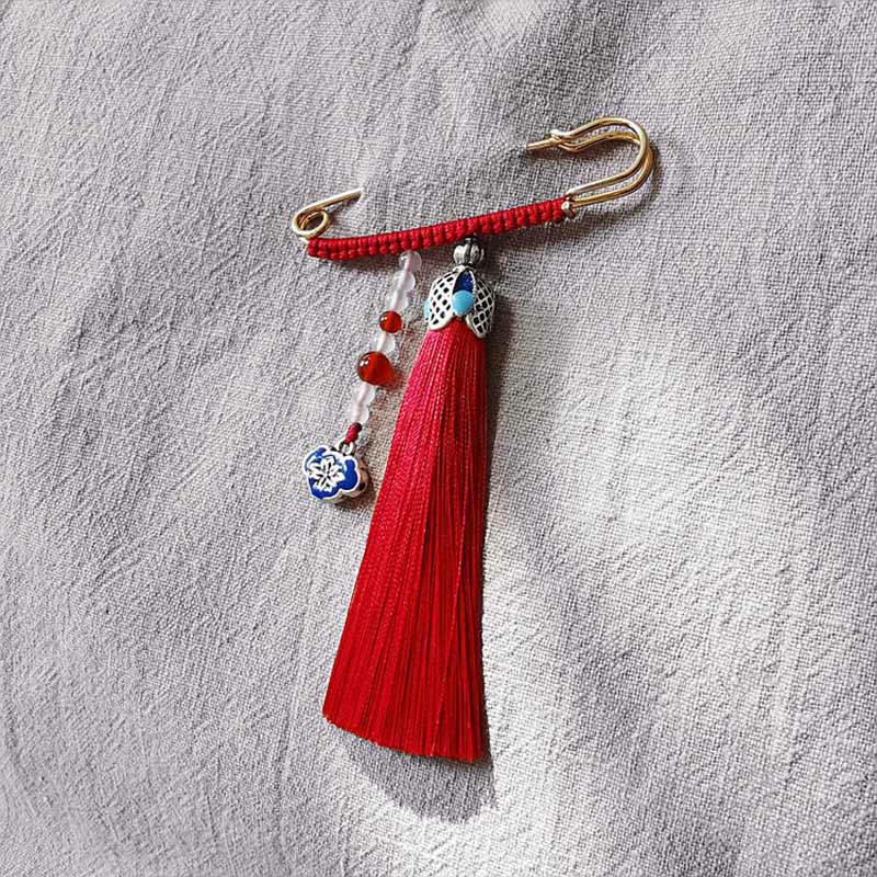 Vintage Chalcedony Beads Tassels Positive Brooch