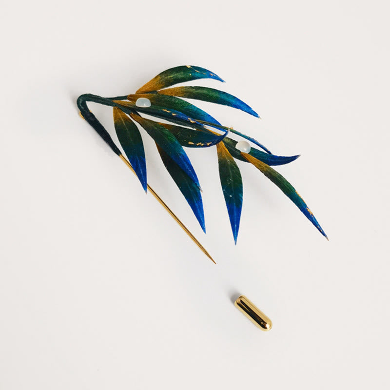 Handmade Velvet Flower Mulberry Silk Green Yellow Blue Leaves Brooch - Image 4