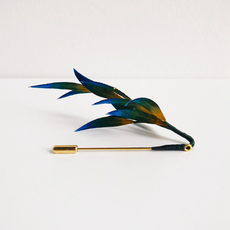 Handmade Velvet Flower Mulberry Silk Green Yellow Blue Leaves Brooch - Image 3