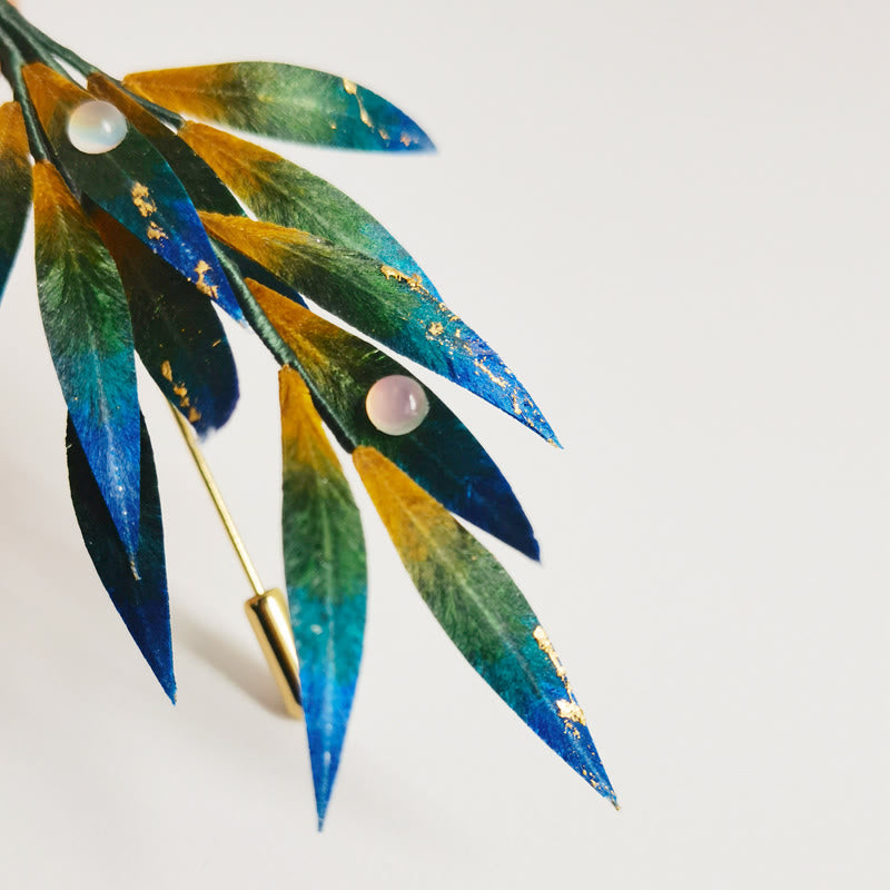 Handmade Velvet Flower Mulberry Silk Green Yellow Blue Leaves Brooch - Image 5