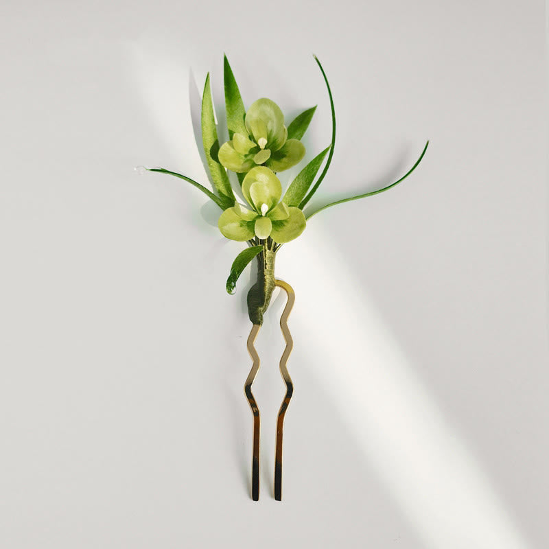 Handmade Velvet Flower Mulberry Silk Green Flowers Leaves Brooch Hairpin - Image 7