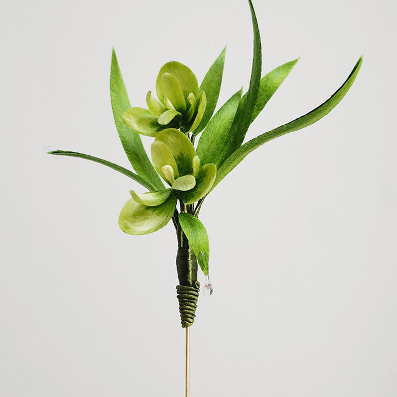 Handmade Velvet Flower Mulberry Silk Green Flowers Leaves Brooch Hairpin - Image 3