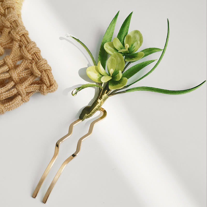 Handmade Velvet Flower Mulberry Silk Green Flowers Leaves Brooch Hairpin - Image 10