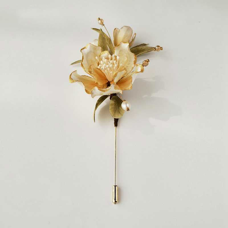 Handmade Velvet Flower Mulberry Silk White Camellia Brooch
