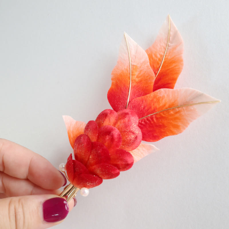Handmade Yangzhou Velvet Flower Mulberry Silk Red Koi Fish Leaves Brooch Hair Clip - Image 5