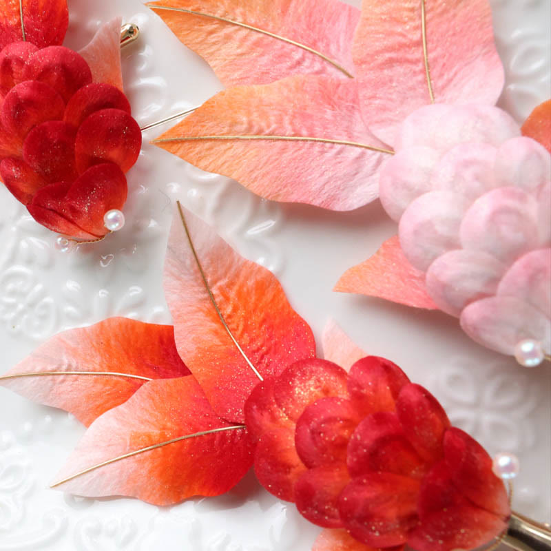 Handmade Yangzhou Velvet Flower Mulberry Silk Red Koi Fish Leaves Brooch Hair Clip - Image 9