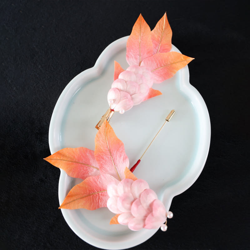 Handmade Yangzhou Velvet Flower Mulberry Silk Red Koi Fish Leaves Brooch Hair Clip - Image 17