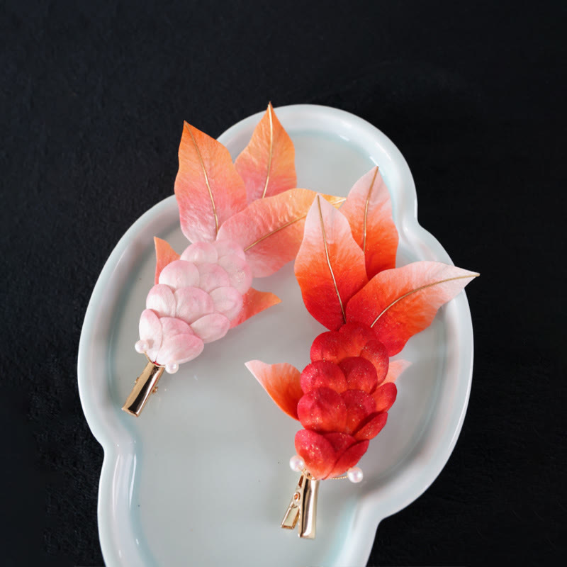 Handmade Yangzhou Velvet Flower Mulberry Silk Red Koi Fish Leaves Brooch Hair Clip - Image 10